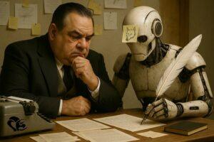 The author reflects alongside a writing robot, working together on a manuscript | The author reflects alongside a writing robot, working together on a manuscript