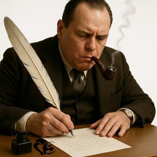 Écrivain concentré rédigeant à la plume, une pipe à la bouche, symbole du travail littéraire de Laurent Chani | Focused writer drafting with a quill, pipe in mouth, symbol of Laurent Chani’s literary work