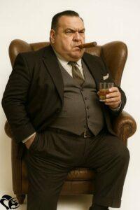 A corpulent man seated in a large leather armchair, wearing a dark three-piece suit, holding a glass of whiskey and a cigar, with a serious and focused expression. The man is depicted as a science fiction novelist | A corpulent man seated in a large leather armchair, wearing a dark three-piece suit, holding a glass of whiskey and a cigar, with a serious and focused expression. The man is depicted as an SF novelist