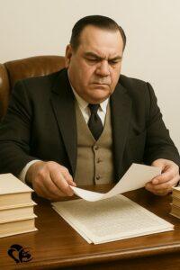 Un auteur de science-fiction en costume, concentré sur la lecture attentive de documents posés sur un bureau | A SF novelist in a suit, focused on carefully reading documents laid out on a desk