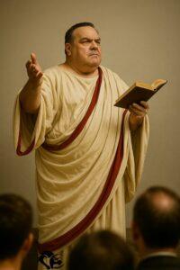 A science fiction novelist dressed in a Roman toga delivers a speech to an audience, holding an open book like an ancient orator