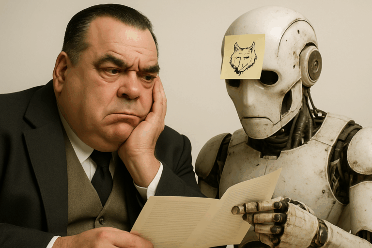 Un auteur de science-fiction observe avec sérieux un robot humanoïde tenant un document, tandis qu’un post-it représentant une tête de loup est collé sur le front du robot | A SF novelist looks intently at a humanoid robot holding a document, while a sticky note with a wolf’s head is attached to the robot’s forehead