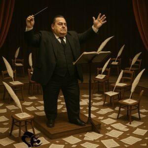 A science fiction novelist, like a conductor, leads a hall filled with giant quills on chairs, surrounded by scattered pages