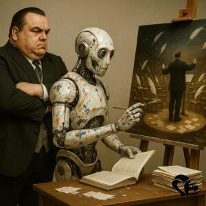 A science fiction novelist watches a robot painter depicting a scene where the writer conducts a rain of quills like an orchestra | A SF novelist watches a robot painter depicting a scene where the writer conducts a rain of quills like an orchestra