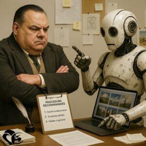 A science fiction novelist, sitting with crossed arms, watches a humanoid robot explain a procedure shown on a laptop, with a sign listing the steps to follow