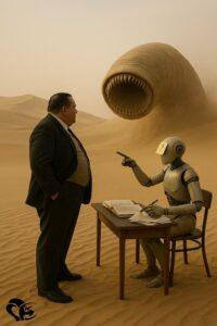 Un auteur de science-fiction se tient face à un robot assis à un bureau en plein désert, tandis qu’un gigantesque ver surgit du sable en arrière-plan | A SF novelist stands in front of a robot seated at a desk in the desert, while a gigantic sandworm emerges from the dunes in the background