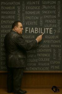 A science fiction novelist stands in front of a blackboard covered with words related to emotions and human values, highlighting the word “RELIABILITY?” | A science fiction novelist stands in front of a blackboard covered with words related to emotions and human values, highlighting the word “RELIABILITY?”