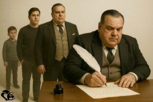 Un auteur de science-fiction écrit avec une plume, tandis que derrière lui apparaissent différentes versions de lui-même à travers les âges, de l’enfance à l’âge adulte | A SF novelist writes with a quill, while behind him different versions of himself appear through the ages, from childhood to adulthood