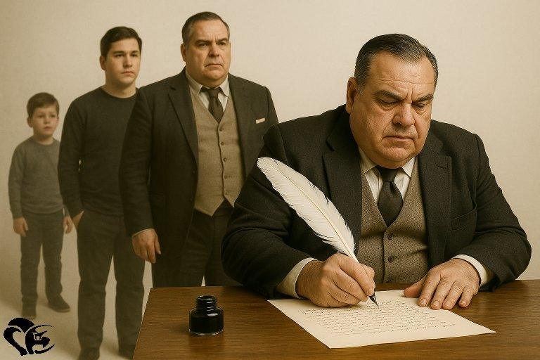 Un auteur de science-fiction écrit avec une plume, tandis que derrière lui apparaissent différentes versions de lui-même à travers les âges, de l’enfance à l’âge adulte | A SF novelist writes with a quill, while behind him different versions of himself appear through the ages, from childhood to adulthood