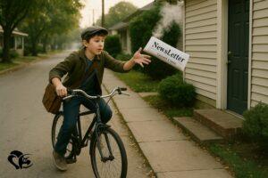 la newsletter est une lettre que l'auteur envoie par mail à ses abonnés une fois par mois pour leur donner des informations particulières qui ne sont pas dans le blog. La scène montre un jeune garçon en bicyclette jetant un journal aur le palier d'une porte de maison.