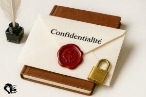 Enveloppe scellée avec le mot "Confidentialité", posée sur un livre avec un cadenas doré à côté, symbolisant la protection des écrits de l’auteur de science-fiction | Sealed envelope with the word "Confidentiality," placed on a book with a golden padlock beside it, symbolizing the protection of the SF novelist’s writings