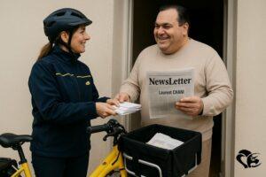 Un facteur remet du courrier à un homme souriant tenant un journal intitulé « Newsletter Laurent Chani » ; cet homme est l’auteur de science-fiction de la photo. | A mail carrier hands letters to a smiling man holding a newspaper titled “Newsletter Laurent Chani”; this is the SF novelist in the photo.