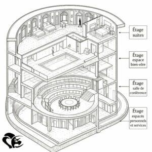 Black and white isometric cutaway of a circular Bunker Palace showing several floors: suites, wellness area with pool, circular conference room, and staff and service areas. This architectural rendering depicts the layout of a futuristic palace envisioned by an SF novelist | Black and white isometric cutaway of a circular Bunker Palace showing several floors: suites, wellness area with pool, circular conference room, and staff and service areas. This architectural rendering depicts the layout of a futuristic palace envisioned by an SF novelist