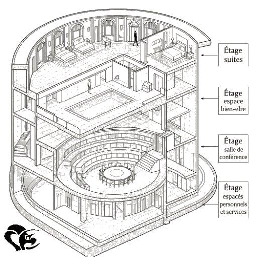 Coupe isométrique en noir et blanc du Bunker Palace circulaire présentant plusieurs étages : suites, espace bien-être avec piscine, salle de conférence circulaire et zones réservées au personnel et aux services. Cette représentation architecturale illustre l’organisation d’un palace futuriste imaginé par un auteur de science-fiction | Black and white isometric cutaway of a circular Bunker Palace showing several floors: suites, wellness area with pool, circular conference room, and staff and service areas. This architectural rendering depicts the layout of a futuristic palace envisioned by an SF novelist