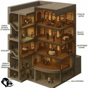 Coupe isométrique d’un bâtiment illustrant les différents espaces intérieurs du Bunker Palace : suites, salle à manger, bibliothèque, cuisine, salle de détente et de sport, ainsi que des zones réservées au personnel. L’ensemble présente un agencement structuré rappelant l’organisation d’un palace futuriste conçu par un auteur de science-fiction | Isometric cutaway of a building Bunker Palace showing the interior spaces: suites, dining room, library, kitchen, relaxation and sports area, as well as staff-only zones. The layout evokes the structured organization of a futuristic palace imagined by an SF novelist