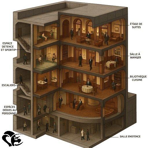 Coupe isométrique d’un bâtiment illustrant les différents espaces intérieurs du Bunker Palace : suites, salle à manger, bibliothèque, cuisine, salle de détente et de sport, ainsi que des zones réservées au personnel. L’ensemble présente un agencement structuré rappelant l’organisation d’un palace futuriste conçu par un auteur de science-fiction | Isometric cutaway of a building Bunker Palace showing the interior spaces: suites, dining room, library, kitchen, relaxation and sports area, as well as staff-only zones. The layout evokes the structured organization of a futuristic palace imagined by an SF novelist