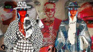 Composition numérique éclatante représentant deux figures androgynes vêtues de manteaux graphiques et de chapeaux, aux visages rouges et aux yeux bleus intenses. En arrière-plan, des portraits fragmentés se superposent, créant un effet de collage entre mode, identité et imaginaire, conçu par un auteur de science-fiction | Vivid digital composition showing two androgynous figures dressed in patterned coats and hats, with red faces and striking blue eyes. Fragmented portraits in the background overlap to form a collage mixing fashion, identity, and imagination, envisioned by an SF novelist