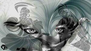 Dreamlike black-and-white digital artwork showing a face with piercing eyes blending into swirling graphic patterns. Stylized feminine figures emerge in transparency, creating a fusion of reality and imagination envisioned by an SF novelist