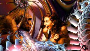 Composition numérique surréaliste représentant une femme et un singe qui semblent interagir dans un univers psychédélique aux formes fractales colorées. Cette œuvre visuelle mêle l’animalité et l’humanité dans une mise en scène fantastique imaginée par un auteur de science-fiction | Surreal digital composition showing a woman and a monkey interacting in a psychedelic universe filled with colorful fractal shapes. This visual artwork blends animality and humanity in a fantastic scene envisioned by an SF novelist