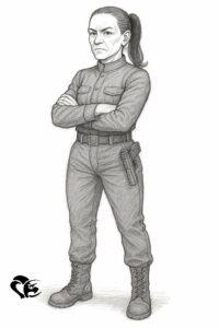 Dessin au crayon d’une femme en uniforme militaire, les bras croisés, arborant une expression sévère. Elle porte une chemise boutonnée, un pantalon ajusté, des bottes montantes et un étui à la ceinture | Pencil drawing of a woman in a military uniform, arms crossed, with a stern expression. She wears a buttoned shirt, fitted trousers, tall boots, and a holster at her belt