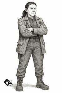 Black-and-white drawing of a woman standing with arms crossed, wearing a long jacket, military-style pants, and sturdy boots, conveying authority and determination