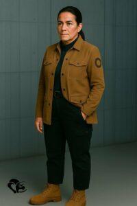 Une femme debout, vêtue d’une veste brune et d’un pantalon noir, les mains dans les poches, posant avec assurance dans un décor sobre et moderne | A woman standing, wearing a brown jacket and black pants, hands in her pockets, posing confidently in a minimalist modern setting