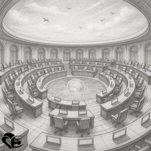 Visualization of a setting generated by artificial intelligence (AI) from the author's first novel. Summary design of the conference room