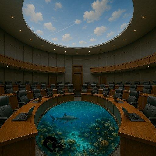 Une salle d’assemblée circulaire vide, dont le sol en verre révèle un océan avec un requin et des coraux en contrebas, sous un plafond circulaire ouvert sur le ciel | An empty circular assembly hall, with a glass floor revealing an ocean with a shark and corals below, under a round ceiling opening to the sky