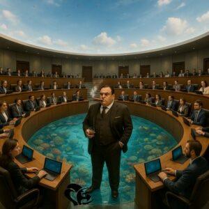 Un auteur de science-fiction se tient au centre d’une vaste assemblée circulaire, sur un sol transparent laissant apparaître des coraux et la mer en dessous | A SF novelist stands at the center of a vast circular assembly, on a transparent floor revealing corals and the sea below