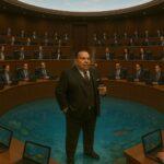 Un auteur de science-fiction se tient debout au centre d’un hémicycle, sur un sol transparent laissant voir un océan avec des poissons et des requins | A SF novelist stands in the middle of a parliamentary chamber, on a transparent floor revealing an ocean with fish and sharks