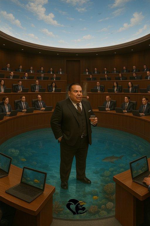 Un auteur de science-fiction se tient debout au centre d’un hémicycle, sur un sol transparent laissant voir un océan avec des poissons et des requins | A SF novelist stands in the middle of a parliamentary chamber, on a transparent floor revealing an ocean with fish and sharks