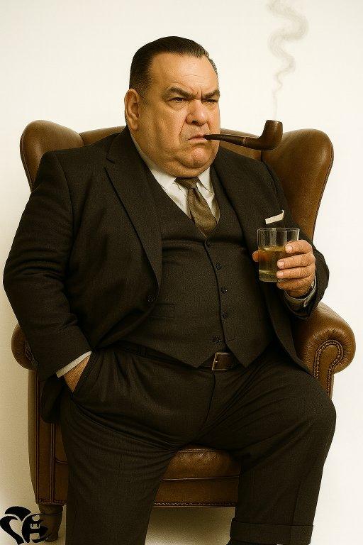 L’écrivain Laurent Chani assis dans un fauteuil, une pipe fumante et un verre à la main | Author Laurent Chani seated in an armchair, smoking a pipe and holding a glass