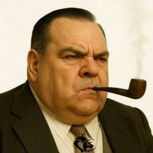 L'auteur en costume réfléchit à sin travail d'écrivain. Il a une pipe dans la bouche