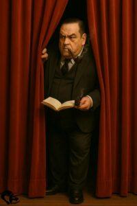 Laurent Chani, a writer in a dark suit, emerges from behind a theater curtain holding an open book and a smoking pipe | Laurent Chani, a writer in a dark suit, emerges from behind a theater curtain holding an open book and a smoking pipe