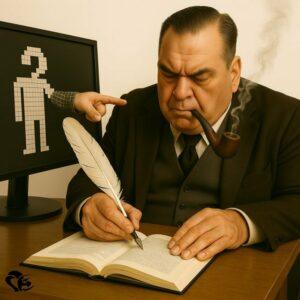 Laurent Chani writes with a quill in a book, a lit pipe in his mouth, while a screen behind him displays a silhouette with a question mark | Laurent Chani writes with a quill in a book, a lit pipe in his mouth, while a screen behind him displays a silhouette with a question mark