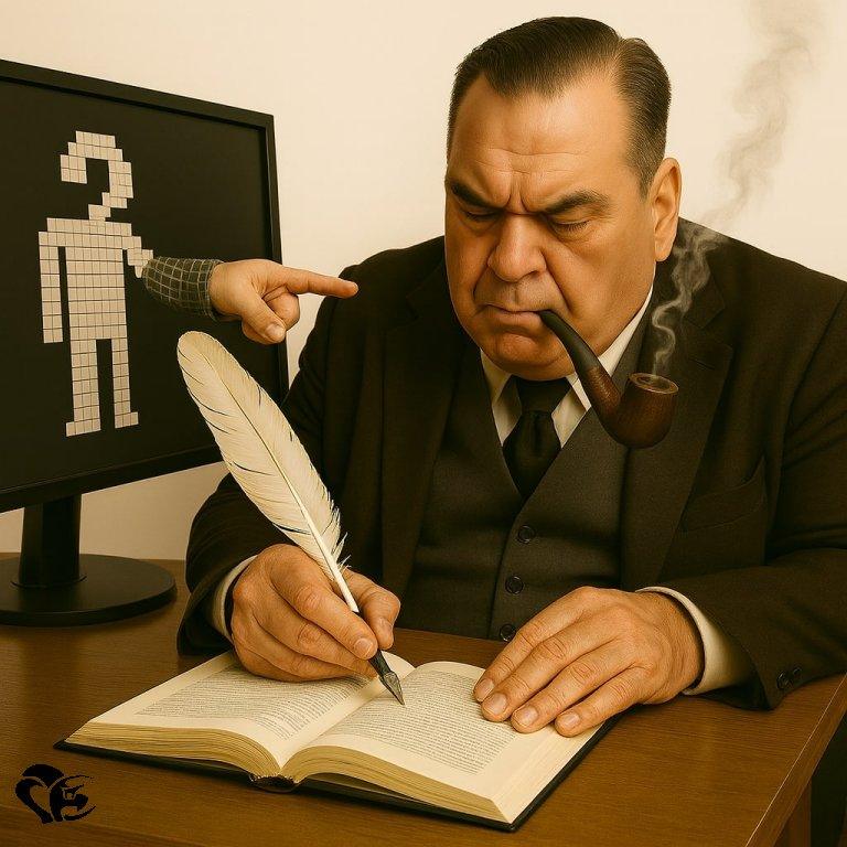 Laurent Chani écrit à la plume dans un livre, pipe allumée à la bouche, tandis qu’un écran derrière lui montre une silhouette avec un point d’interrogation | Laurent Chani writes with a quill in a book, a lit pipe in his mouth, while a screen behind him displays a silhouette with a question mark