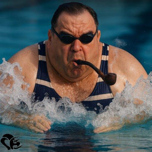 Laurent Chani nageant la brasse avec intensité, portant un maillot rayé et des lunettes de natation, une pipe à la bouche | Laurent Chani swimming breaststroke with intensity, wearing a striped swimsuit and swimming goggles, a pipe in his mouth