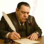 Laurent Chani écrivant avec une plume, concentré, pipe fumante à la bouche | Laurent Chani writing with a quill, focused, smoking pipe in his mouth