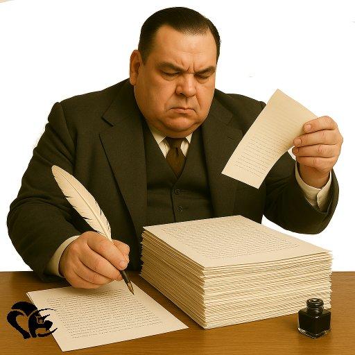 l'Auteur en costume tient à la main une page extraite de son romain qui est encore dans la phase d'écriture. De l'autre main il écrit un texte manuscrit avec une plus d'oie. L'homme est assis à sa table de travail.