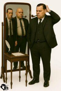 Laurent Chani se tenant devant un miroir, pipe à la bouche, observant deux reflets différents de lui-même en costume sombre | Laurent Chani standing in front of a mirror, pipe in mouth, observing two different reflections of himself in a dark suit