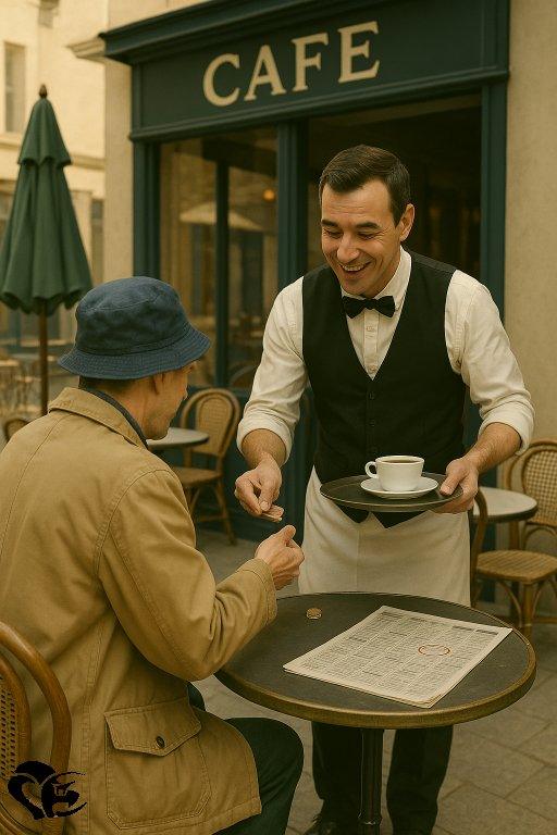 extrait du roman où l'on voit un homme assis à un café se faisant servir une boisson dans une tasse et payer le serveur./excerpt from the novel where we see a man sitting in a cafe being served a drink in a cup and paying the waiter.