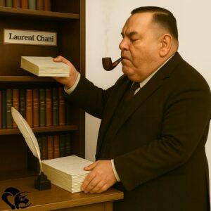 L’écrivain Laurent Chani range un manuscrit dans une bibliothèque à son nom, une plume posée sur un second manuscrit | Author Laurent Chani places a manuscript in a bookshelf bearing his name, with a quill resting on another manuscript