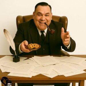 L’écrivain Laurent Chani sourit en offrant des cookies, assis à son bureau couvert de manuscrits | Author Laurent Chani smiles while offering cookies, seated at his desk covered with manuscripts