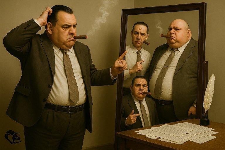 l'auteur voit dans le miroir 3 représentation de lui, une grosse, une maigre et un 3eme non voulu. Il se gratte la tête.