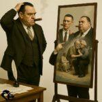 L’auteur, perplexe devant son reflet au cigare, observe dans le miroir des figures symboliques, dont Einstein et d’autres penseurs, évoquant la réflexion intellectuelle et l’héritage scientifique | The author, perplexed before his cigar-smoking reflection, sees in the mirror symbolic figures, including Einstein and other thinkers, evoking intellectual reflection and scientific legacy