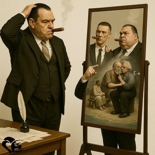 L’auteur, perplexe devant son reflet au cigare, observe dans le miroir des figures symboliques, dont Einstein et d’autres penseurs, évoquant la réflexion intellectuelle et l’héritage scientifique | The author, perplexed before his cigar-smoking reflection, sees in the mirror symbolic figures, including Einstein and other thinkers, evoking intellectual reflection and scientific legacy
