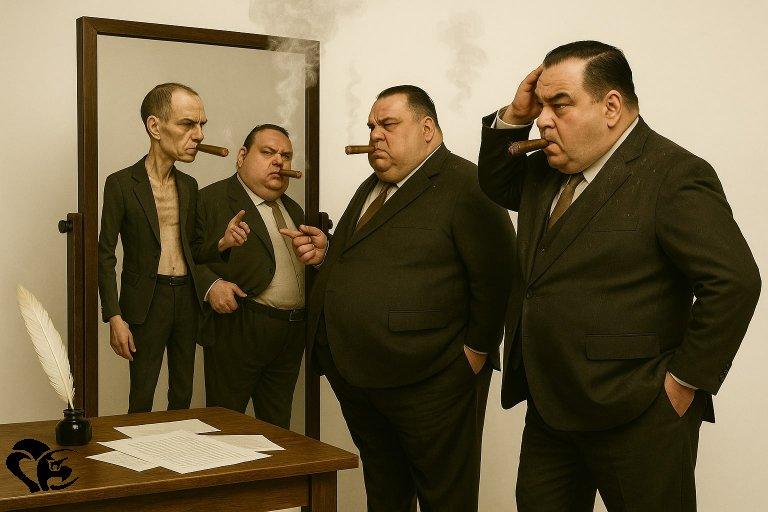 l'auteur voit dans le miroir 2 réplique de lui, une squelettique et l'autre obèse. Mais il y a un 3eme en dehors dans la pièce. 