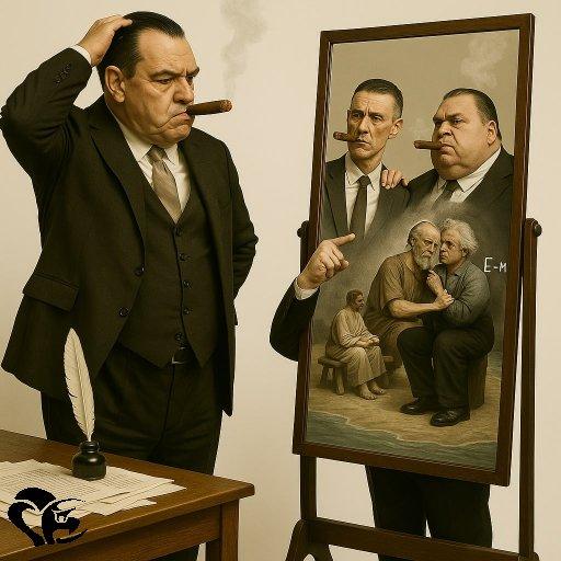 l'écrivain voit dans le miroir 2 répliques de lui, une mince et l'autre obèse plus une scène non souhaité et un personnage derrière la vitre.