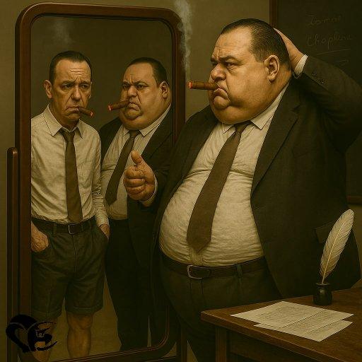 l'auteur est obèse et dans le miroir deux représentation de lui, un maigre et l'autre obèse aussi.