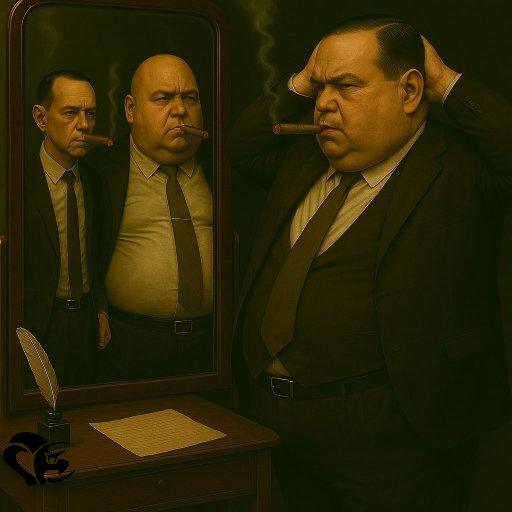 l'auteur voit dans le miroir 2 réplique de lui dont un maigre et l'autre obèse. Mais lui a les 2 mais dans les cheveux